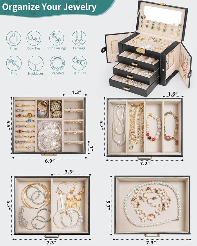 AKOZLIN Large 4-Tier Jewelry Box Leather Jewelry Storage Organizer with 3 Drawers Lockable for Women Girls Ring Necklace Earring Bracelet Watches Holder with Mirror Black-CubbioJoy