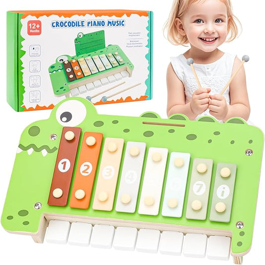 Baby Piano Xylophone Musical Toys - 2 in 1 Wooden Montessori Crocodile Toys for Toddler Kids, 8 Multicolored Key Keyboard Instruments, Preschool Educational Musical Learning Toy for Girls Boys-CubbioJoy