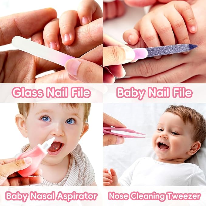 Baby Grooming Kit, Infant Safety Care Set with Hair Brush Comb Nail Clipper Nasal Aspirator,Baby Essentials Kit for Newborn Girls Boys (Pink)-CubbioJoy