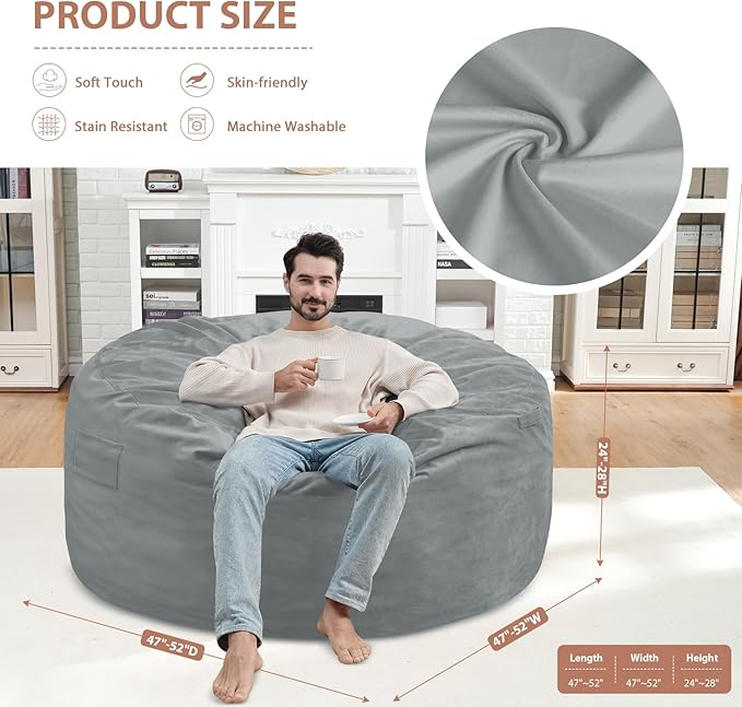 5FT Bean Bag Chair, Large Bean Bag Chairs with Memory Foam Filled, Fluffy Beanbag Sofa with Dutch Velvet Cover, Round BeanBag Chairs for Living Room, Playroom - Light Grey-CubbioJoy