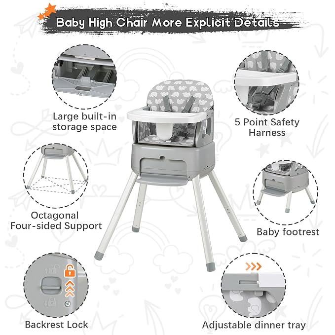 4 in 1 Portable Baby High Chair,Convertible Highchair for Babies & Toddlers-Foldable Infant Booster Seat,Carry Small Box,Dining Chair,Toddler High Chair with 5-Point Harness,Removable Tray-Grey-CubbioJoy