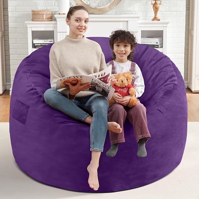 3FT Bean Bag Chair, Comfy Bean Bag Chairs with Memory Foam Filled, Fluffy Beanbag Sofa with Dutch Velvet Cover, Round BeanBag Chairs for Living Room, Playroom - Purple-CubbioJoy