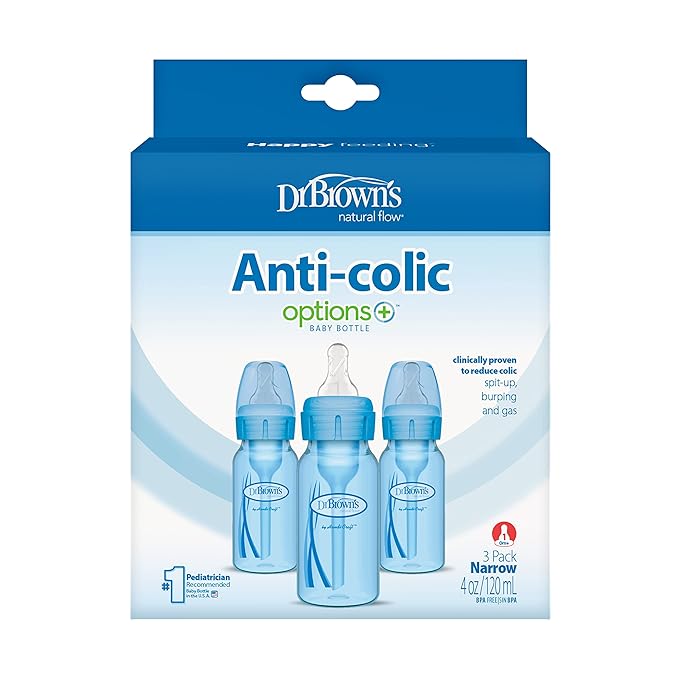 Dr. Brown’s Natural Flow® Anti-Colic Options+™ Narrow Baby Bottles 4 oz/120 mL, with Level 1 Slow Flow Nipple, 3 Pack, 0m+ Blue-CubbioJoy