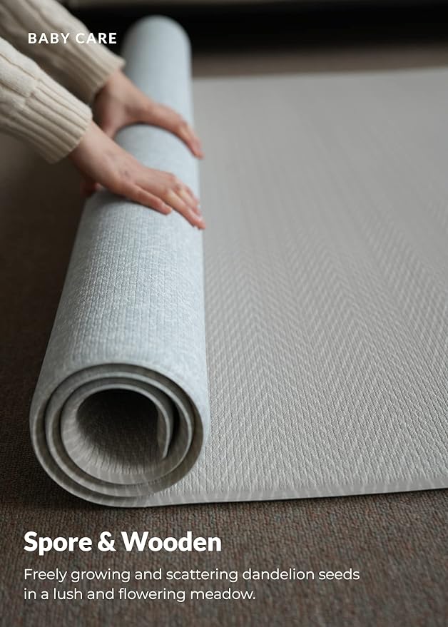 Baby Care Play Mat (Large, Hygge - Spore & Wooden) 82'' x 55'' Original One-Piece Reversible Rollable Waterproof Play Mat for Infants, Babies, Toddler, and Kids-CubbioJoy