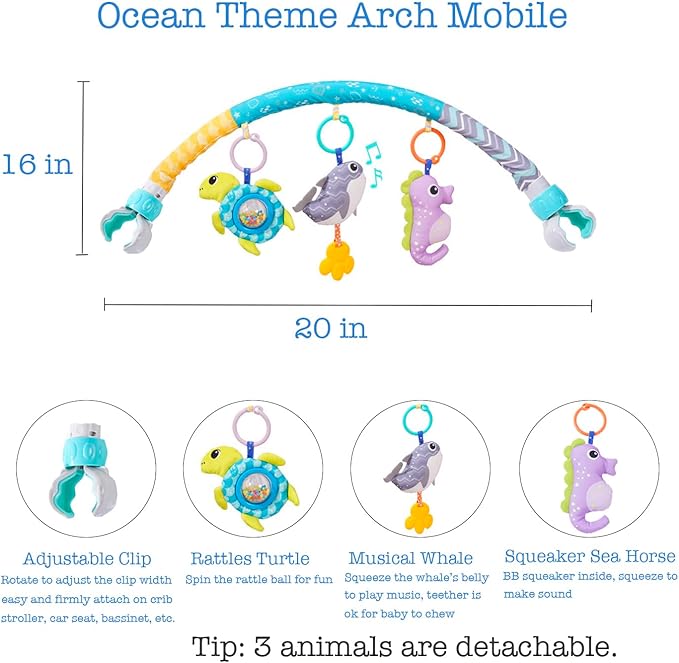 Baby Stroller Arch Toy, Clip On Arch Mobile for Bassinet with Universal Clamps, Activity Toy Bar for Bouncer Musical Crib Mobile Toys for Infants Car Seat Toys Rattle Turtle Music Whale-CubbioJoy