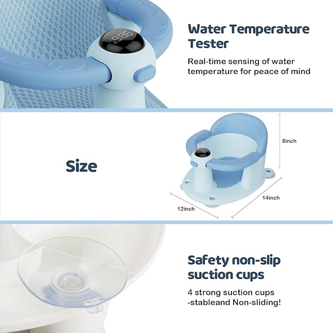 Baby Bath Seat-for Babies 6 Months & up, Water Temperature Display+Soft Cushion, Non-Slip Toddler Bath Seat for Baby, Sit Up Bath Seat for Baby, Blue-CubbioJoy