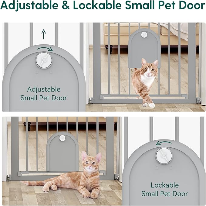 Babelio Auto Close Baby Gate with Small Cat Door, 29-43" Metal Cat Gate for Doorway, Stairs, House, Easy Walk Thru Dog Gate with pet Door, Includes 4 Wall Cups and 3 Extension Pieces, Gray-CubbioJoy