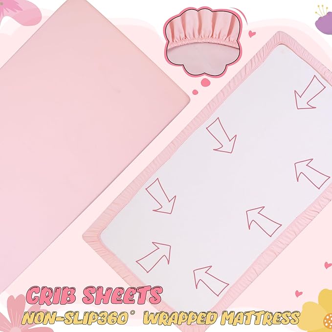 Cloele 3 Pieces Crib Bedding Set for Girls,Standard Size Pink Ruffled Nursery Crib Baby Bedding Set Includes Comforter Fitted Sheet Crib Skirt -Girls Solid Seersucker Ruffle Quilt-CubbioJoy