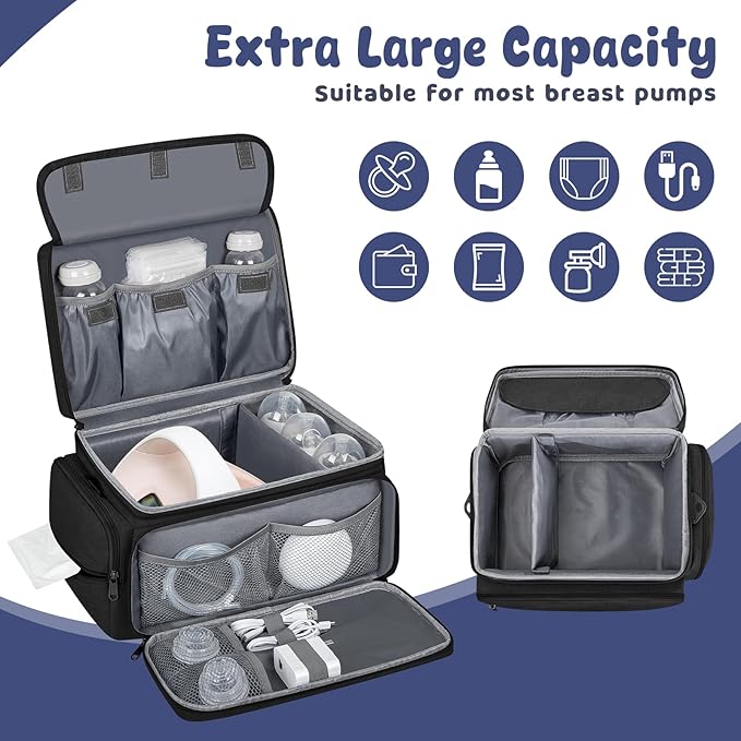 Breast Pump Bag for Spectra S1 S2, Pumping Bag with Waterproof Mat for Pumps Accessories, Portable Pump Carrying Case for Work, Travel and Family Use, Black-CubbioJoy