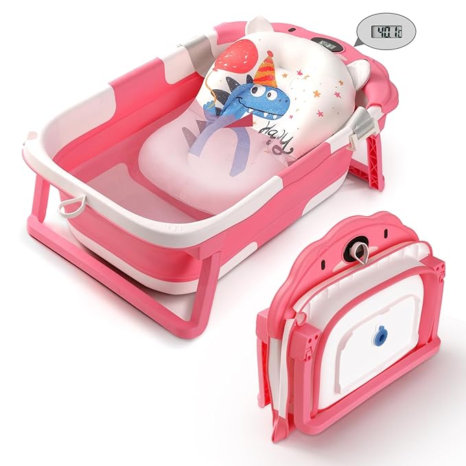 Baby Bathtub,Collapsible Baby Bath Tub with Thermometer & Soft Floating Cushion,Portable Travel Baby Bathtubs for Newborns to Toddlers 0-36 Months(Bear Pink)-CubbioJoy
