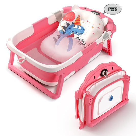 Baby Bathtub,Collapsible Baby Bath Tub with Thermometer & Soft Floating Cushion,Portable Travel Baby Bathtubs for Newborns to Toddlers 0-36 Months(Bear Pink)-CubbioJoy