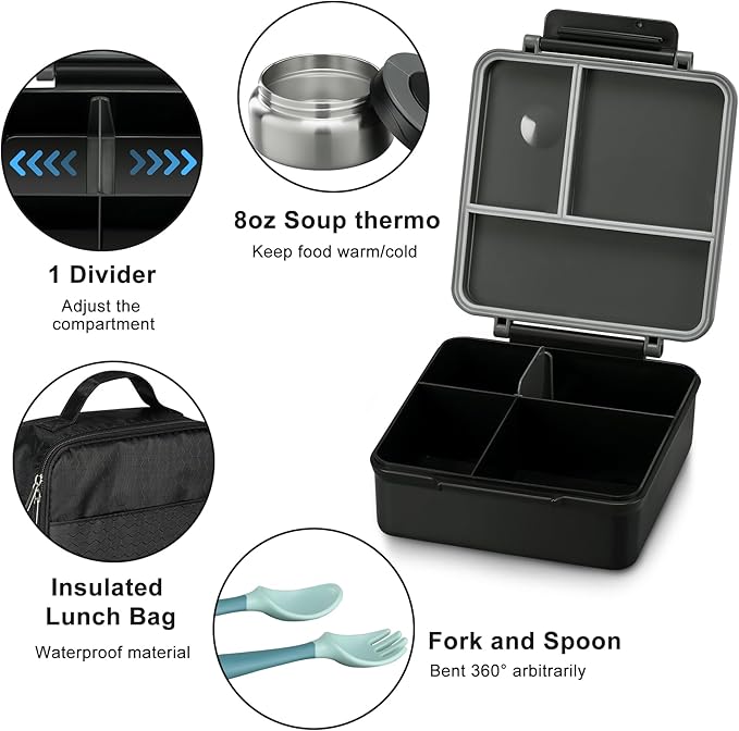 Bento Lunch Box for Kids with 8oz Soup Thermo&Lunch Bag, Leak-Proof Lunch Food Containers with 4 Compartment, Hot Food Insulated Food Jar for Kids School (Black)-CubbioJoy