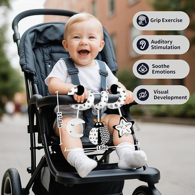 Car Seat Toys for Babies 0-6 Months,Hanging Rattle Toys for Crib Mobile, Baby Spiral Hanging Stroller Black and White High Contrast Toys for Newborn 0 3 6 9 12 Months Baby Boys Girls (Bug)-CubbioJoy
