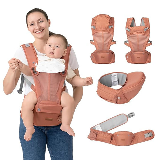 BabbleRoo Grow Carrier – Safety-Certified 6-in-1 Baby Carrier with Hip Seat, Ergonomic & Adjustable Toddler Carrier 7-50 lbs with Hip Support, Hood for Sun Protection, Newborn to Toddler,Kangaroo Rose-CubbioJoy