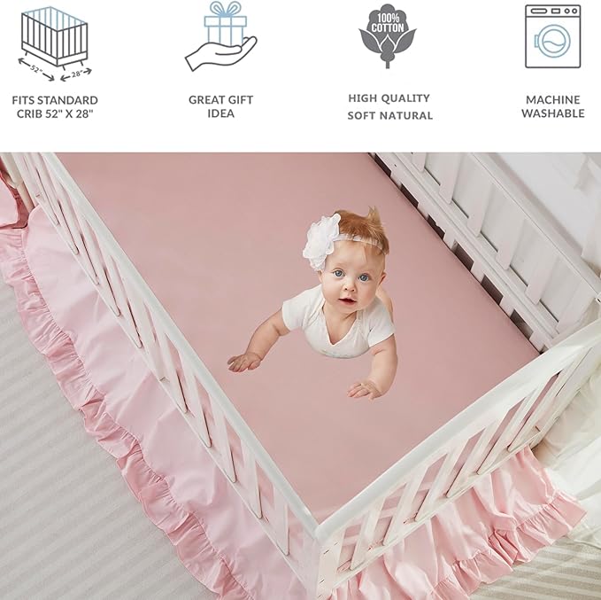 Brandream Farmhouse Crib Bedding Sets for Girls and Boys | 3 Piece Nursery Set Pink Ruffles | Baby Comforter, Fitted Crib Sheet, Crib Skirt Included,100% Cotton Percale-CubbioJoy