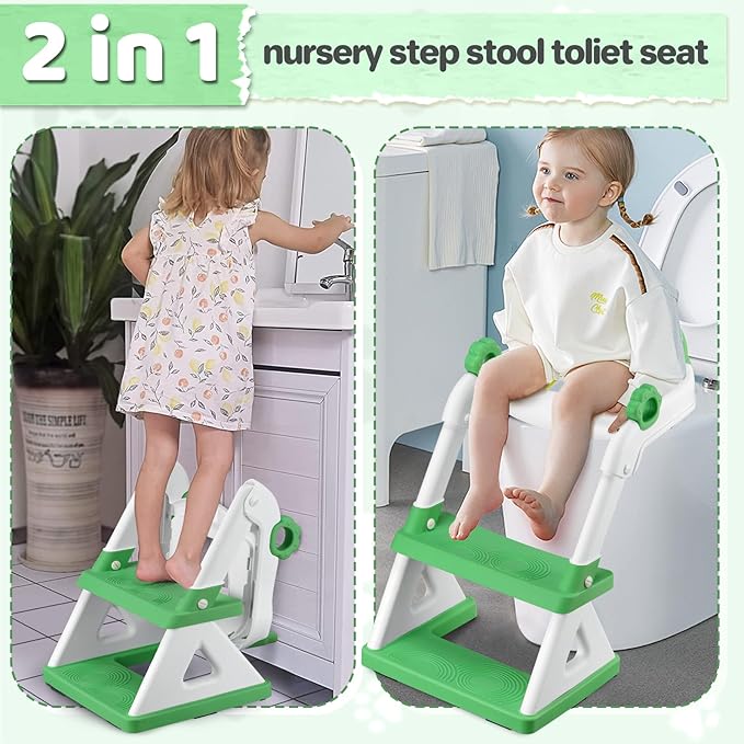 2 In 1 Potty Training Toilet Seat & Toddler Step Stool, Bottom Triangle Stability Toddler Toilet Seat, Adjustable Step & Seat Height Potty Seats (Green)-CubbioJoy