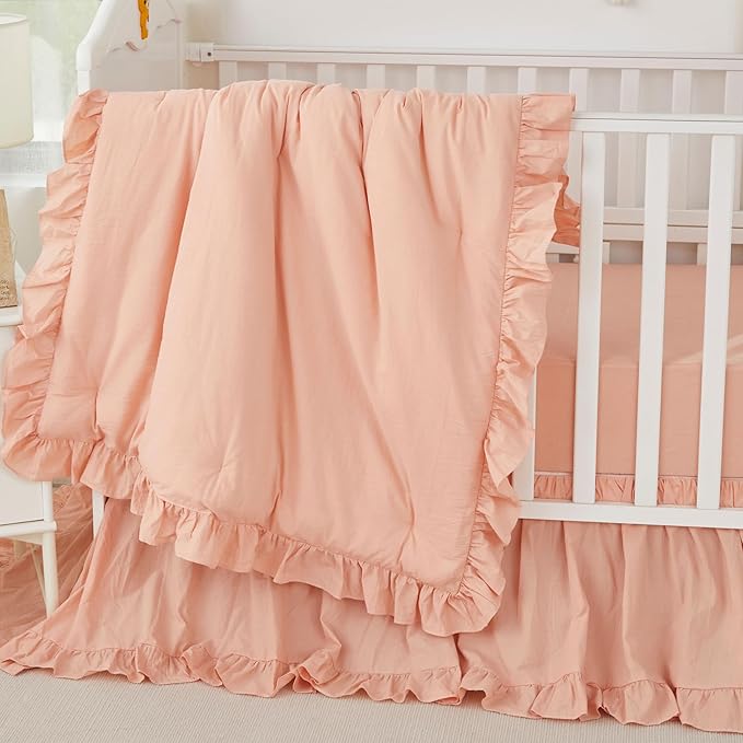 Brandream Baby Crib Bedding Set for Girls Boys Gender Neutral Boho Bohemian Farmhouse Chic Ruffle 6-Piece Nursery Bedding Set - 100% Cotton with Washed Craft Blush Pink Super Soft-CubbioJoy