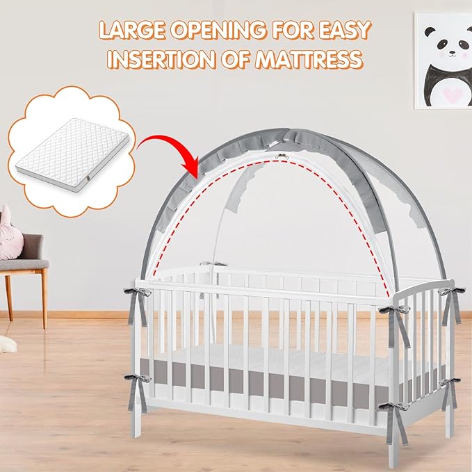 Crib Tent to Keep Baby from Climbing Out - Crib Net to Keep Baby in - Pop Up Breathable Cribs Cover - Canopy with Upgrade Strong Mesh and Durable Zipper (Grey, Lager)-CubbioJoy