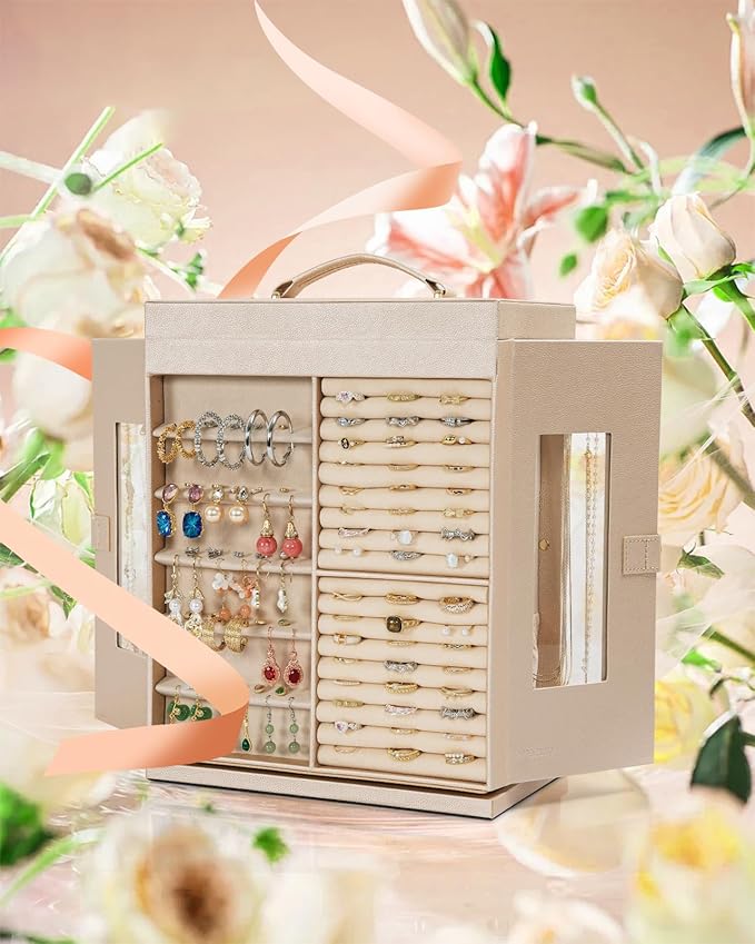 AKOZLIN Jewelry Box 360° Rotating 6-Tier Functional Jewelry Storage Case Organizer for Women Girls Ring Necklace Earring Bracelet Holder with Mirror-CubbioJoy