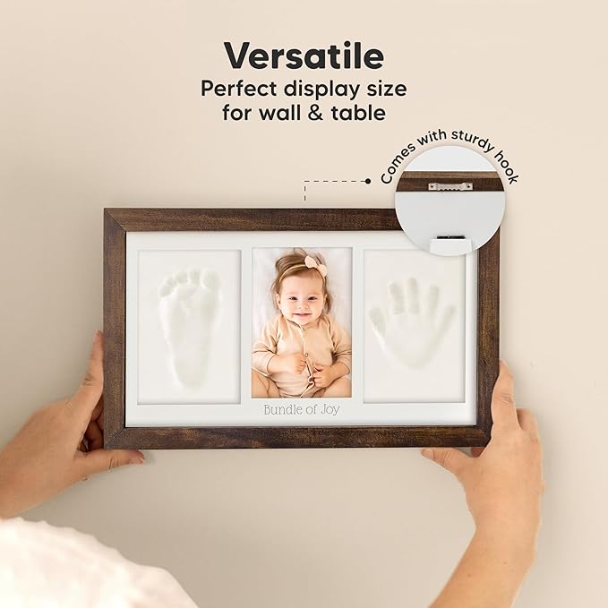 Baby Hand and Footprint Kit - Clay Handprint Keepsake Frame, Newborn Nursery Picture Frame, Personalized New Mom Gifts for Baby Shower & Registry (Dark Walnut)-CubbioJoy