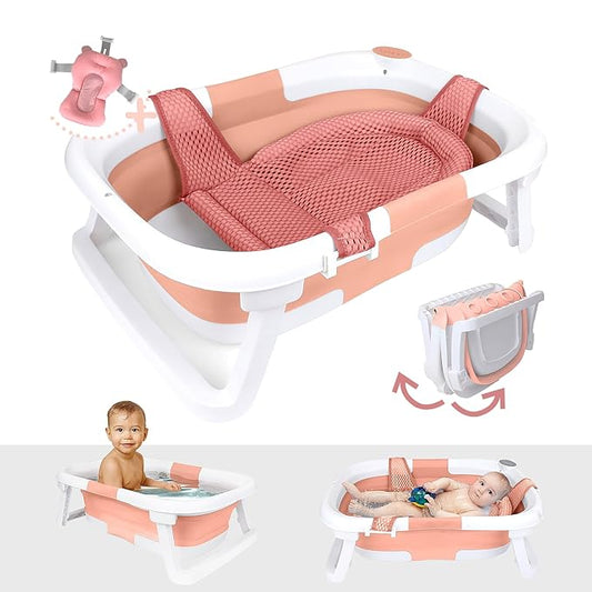 BEBELEH™ Collapsible Baby Bathtub – Bathtub + Baby tub Sling + Newborn Sling – Baby Bathtub Newborn to Toddler 0-24 Months – The Ultimate Travel Baby Bath Tub and Everyday Use! (Pink)-CubbioJoy