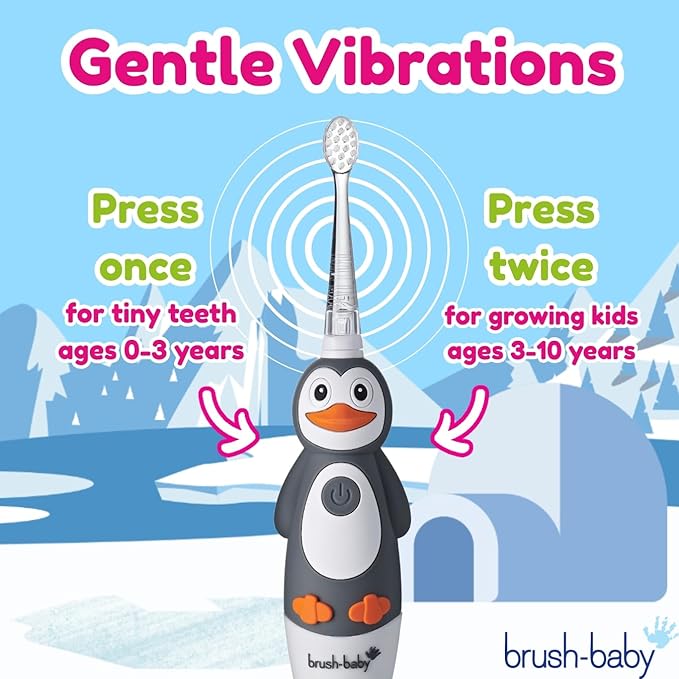 brush-baby WildOnes Kids Electric Rechargeable Toothbrush Penguin, 1 Handle, 3 Brush Heads, USB Charging Cable, for Ages 0-10 (Penguin)-CubbioJoy
