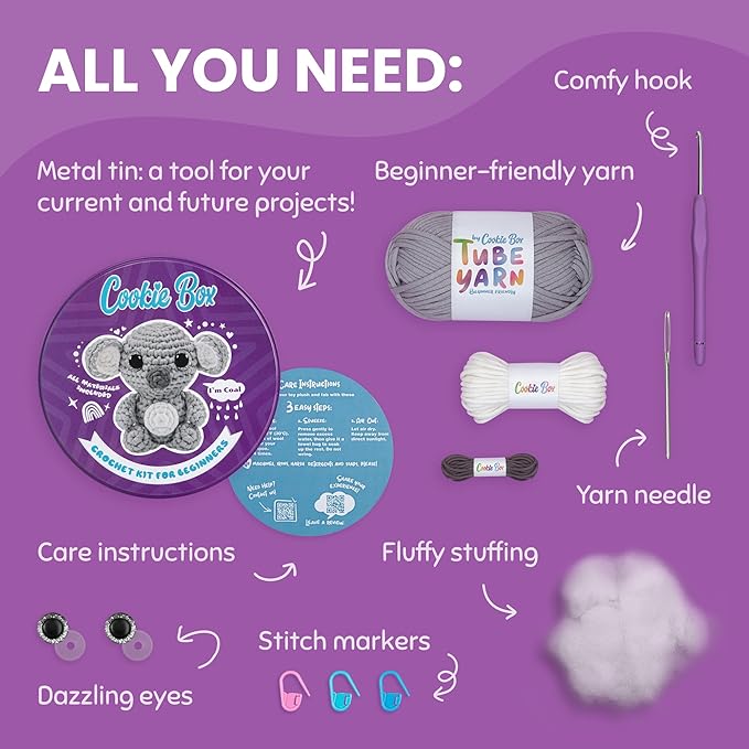 Cookie Box Crochet Kit for Beginners - Learn to Craft Amigurumi Stuffed Animals - Knitting Gift for Kids and Adults - Beginner-Friendly Yarn - Stitch-by-Stitch Video Tutorial - Koala Coal-CubbioJoy