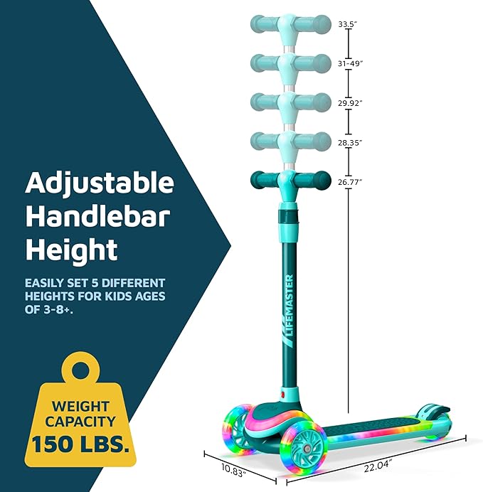 3-Wheel Kids Scooter with Multi-Color Lights on Deck & Wheels – 5-Height Adjustable Handlebar, Wide Anti-Slip Deck, Child Safety Certified, Boys & Girls Ages 3+ Supports Up to 150 lbs-CubbioJoy