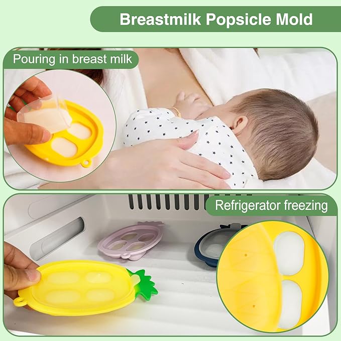 Baby Fruit Food Feeder - Silicone Nibble Tray Combo - Breastmilk Popsicle Mold for Cooling Relief, BPA Free Mesh Feeder for Infant Self Feeding (Deer Green + Pineapple)-CubbioJoy