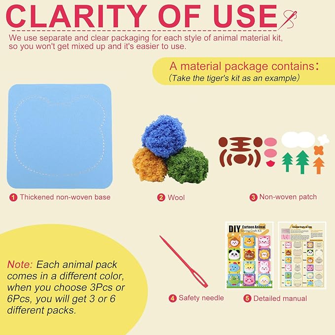 DIY Embroidery Doll Kit, Cartoon Animal Craft Sewing Kit for Kids, Felt Crafts, Beginner Sewing for Kids Ages 4-8 Plus - Helps Develop Fine Motor Skills (6PCS-Deer/Elephant/Bear/Duck/Pig/Panda)-CubbioJoy