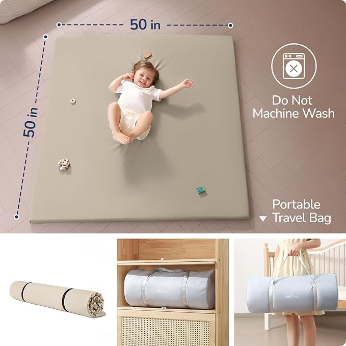 Baby Play Mat for Floor,1.3'' Thick Memory Foam Play Mat,50''x50'' Tummy Time Mat with PU Leather,Cushioned & Waterproof Playpen Mats,Non Slip Crawling Padded for Toddlers,Infants,Kids-CubbioJoy
