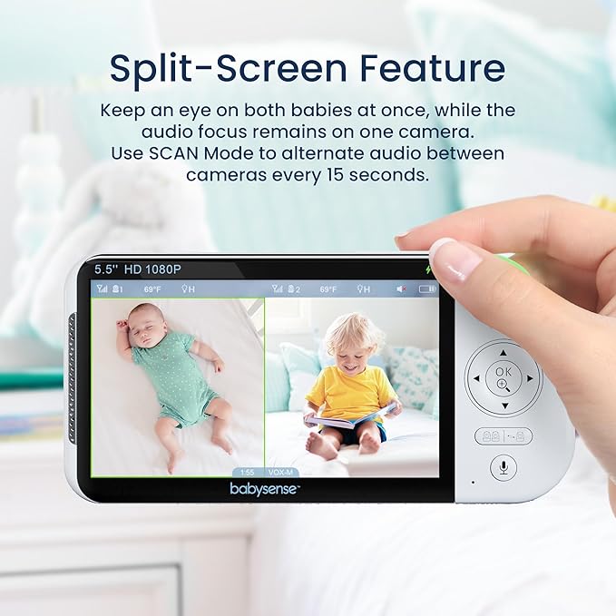 Babysense 5.5" Full-HD Split-Screen Baby Monitor, 1080p Video Baby Monitor with Camera and Audio, 3 Cameras with 6-Color RGB Night Light, 1000ft Range, Two-Way Audio, 4X Zoom, Large Battery-CubbioJoy