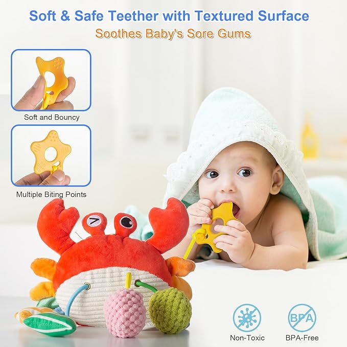 Car Seat Toy for Babies 0-6 Months, Stroller Toy with a Convenient clip, Carseat Toys Hanging Baby Accessories,Built-In Bell, Rattle,Squeaky,Mirror for infant,Babies Gift 0-3-6-12 months Boy Girl-CubbioJoy