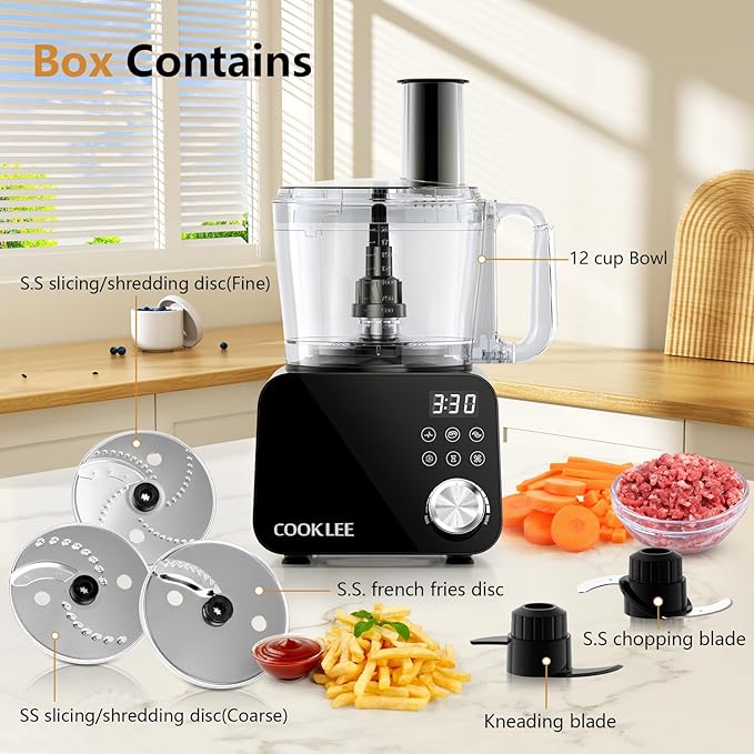 COOKLEE Food Processor, 600 Watts, 6 Functions Electric Food Chopper for Chopping, Mincing, Dicing, Shredding, Slicing, Purees & Dough with 12cup Processor Bowl, Food Chute & Pusher, Black-CubbioJoy