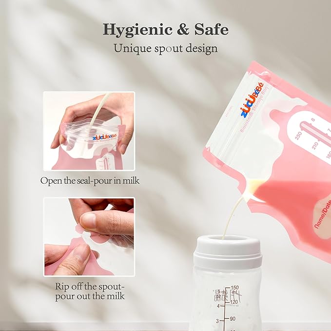 Breastmilk Storage Bags(50 Count)，8oz Milk Storage Bags for Breastfeeding，BPA Free with Easy Pour Spout, Self Standing, for Refrigeration and Freezing Red-CubbioJoy