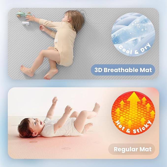 Baby Play Mat for Summer,1.3 Thick Memory Foam Cooling Floor Tummy Time Mat, Soft & Breathable, Non-Slip Rectangular for Toddlers’ Playtime & Rest(Grey,59"x79")-CubbioJoy