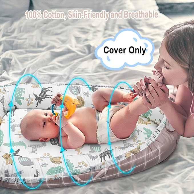 Baby Lounger Cover for Newborns, 100% Cotton Soft Portable Baby Nest Lounger Cover, Breathable Infant Lounger Replacement Cover, Lounger Pillow Cover Fit for Snuggle Me, Cover Only(Animal Pattern)-CubbioJoy