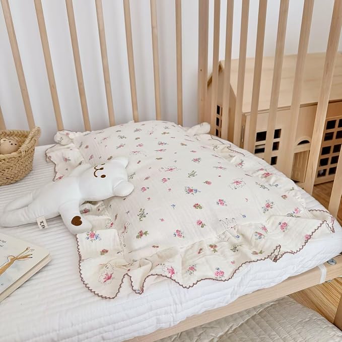 BuLuTu 100% Cotton Standard Pillow Case for Kids, 1 pc, 20"x26", Pink Floral Sheep Design Pillow Cover Muslin Gauze Pillow Protector for Children Girls Boys Bedding Gift, Envelope Closure-CubbioJoy