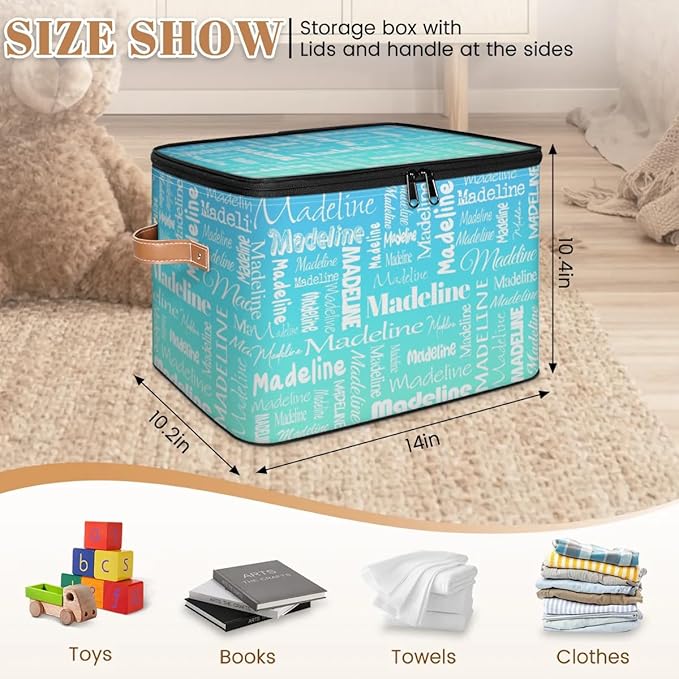 Custom Storage Basket with Name, Personalized Storage Bins with Zipper Lid, Foldable Fabric Storage Box Large capacity with Handle Blue Green Gradient-CubbioJoy