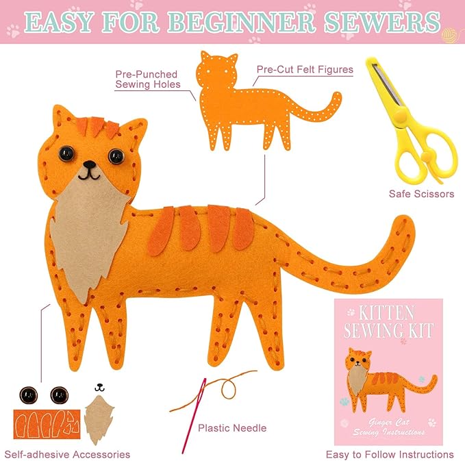 CiyvoLyeen Kitten Craft Kit Kids DIY Crafting and Sewing Set Kitty Cat Stuffed Animal Felt Plushies for Girls and Boys Educational Beginners Sewing Gift Ideas-CubbioJoy