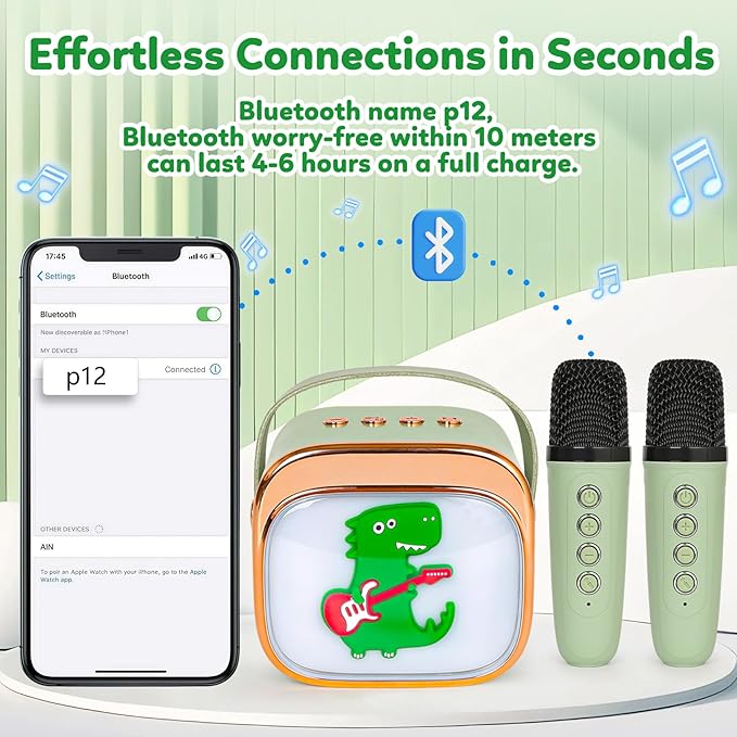 Dinosaur Karaoke Machine for Kids, Portable Mini Karaoke Machine with 2 Wireless Microphones, 4 5 6 7 8 9 10 Years Old Girl Boy Easter Christmas Birthday Gift Colorful Lighted Speaker Toys-CubbioJoy