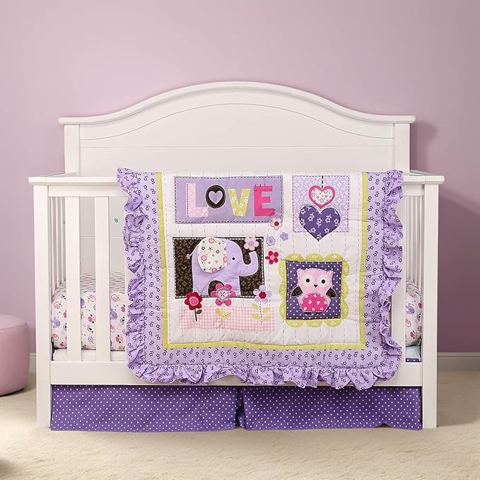 Brandream Crib Bedding Set 3 Pieces Purple Baby Girls Cotton Patchwork Flowers Elephant Owl Nursery with Ruffle Design, Princess Lovely Cute Breathable Healthy-CubbioJoy
