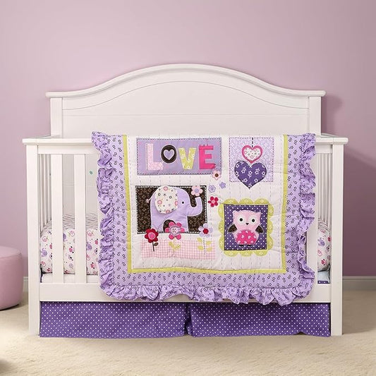 Brandream Crib Bedding Set 3 Pieces Purple Baby Girls Cotton Patchwork Flowers Elephant Owl Nursery with Ruffle Design, Princess Lovely Cute Breathable Healthy-CubbioJoy