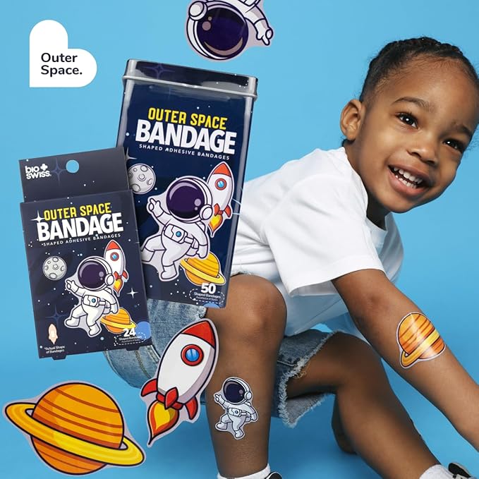 BioSwiss Bandages, Outer Space Shaped Self Adhesive Bandage, Latex Free Sterile Wound Care, Fun First Aid Kit Supplies for Kids and Adults, 24 Count-CubbioJoy