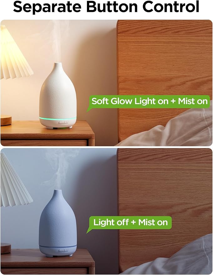 InnoGear Oil Diffuser, 150ML Ceramic Diffuser for Essential Oils Handcrafted Aromatherapy Diffuser Ultrasonic Cool Mist Humidifier with 2 Mist Modes Waterless Auto Off for Room Office, White Base-CubbioJoy