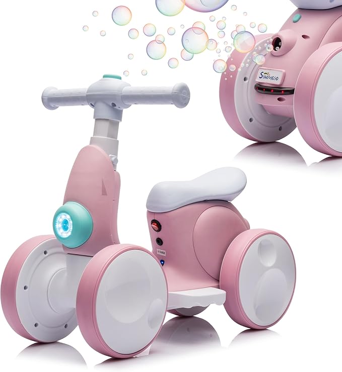 6V Electric Baby Balance Bike with Bubble Machine,4 in 1 Toddler Balance Bike w/Remote Control for 1 Year Old Boys Girls Kids Bubble Bike Ride on Toys w/Powered Motor,Music,LED Lights (Pink)-CubbioJoy