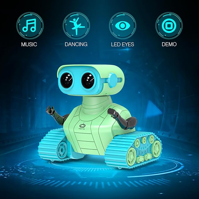 ALLCELE Robot Toys, Rechargeable RC Robots for Kids Boys, Remote Control Toy with Music and LED Eyes, Ideal Gift for Children-Green Blue-CubbioJoy