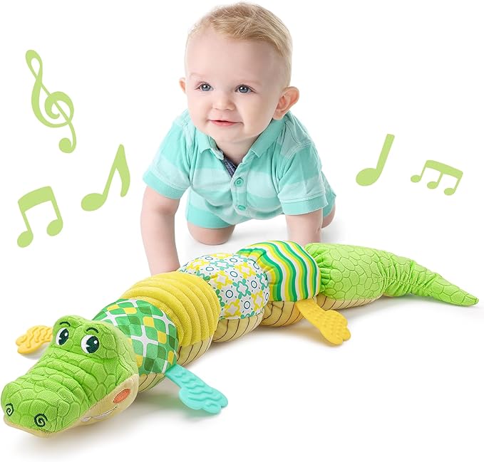 LIGHTDESIRE Baby Crocodile Musical Stuffed Animal, Infant Teething Toys with Ruler Design and Ring Bell, Suitable for Tummy Time, Newborn Boys & Girls 0-12 Months (Green)-CubbioJoy