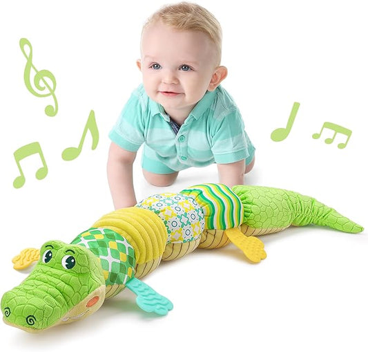 LIGHTDESIRE Baby Crocodile Musical Stuffed Animal, Infant Teething Toys with Ruler Design and Ring Bell, Suitable for Tummy Time, Newborn Boys & Girls 0-12 Months (Green)-CubbioJoy