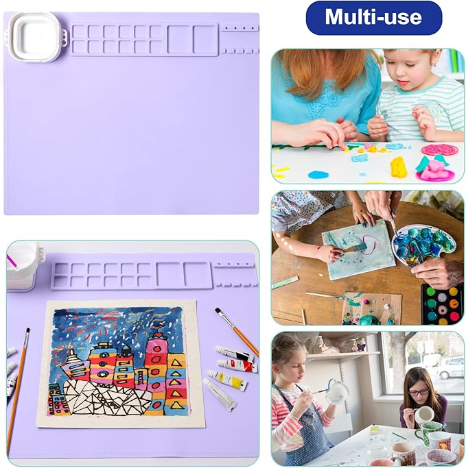 AWOKE Silicone Painting Mat - 20"X16" Silicone Art Mat with 1 Water Cup for Kids - Craft Mat has12 Color Dividers - 2 Paint Dividers (Purple)-CubbioJoy